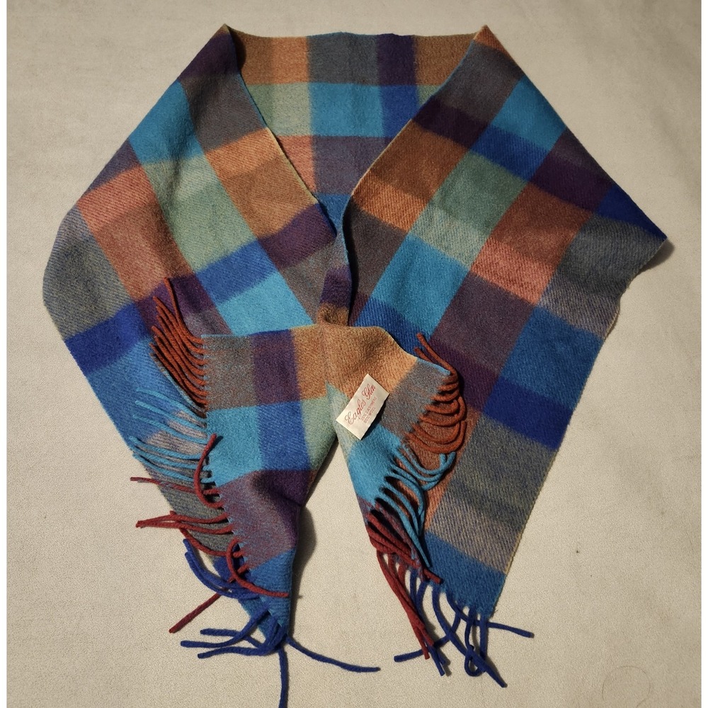 Eagles Glen Cashmere Wool Plaid Scarf Blue Purple Orange Fringe 60 x 11